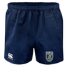 Navy blue Seattle Rugby Club Advantage Rugby Shorts by EMB Canterbury with an elastic waistband and moisture-wicking fabric, featuring a Seattle rugby logo on the left leg and the Canterbury logo on the right.