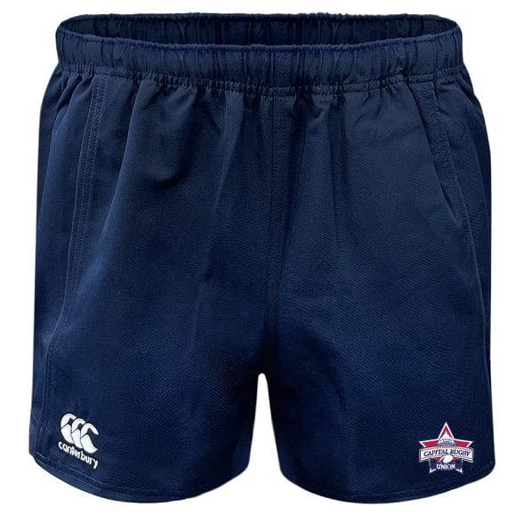 The Capital Selects Player's Drill Short by EMB Canterbury, in navy blue, is made from recycled fabric and features an embroidered logo on the right leg with a Canterbury logo on the left leg.