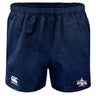 The Capital Selects Player's Drill Short by EMB Canterbury, in navy blue, is made from recycled fabric and features an embroidered logo on the right leg with a Canterbury logo on the left leg.