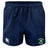 The Clover Blue Eagles Rugby Player's Drill Short by EMB Canterbury is a navy blue short adorned with a white logo from Canterbury and a green Clover Rugby emblem on the front, crafted from recycled fabric.