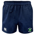 The Clover Blue Eagles Rugby Player's Drill Short by EMB Canterbury is a navy blue short adorned with a white logo from Canterbury and a green Clover Rugby emblem on the front, crafted from recycled fabric.