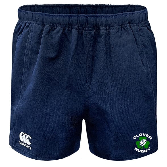 The Clover Blue Eagles Rugby Player's Drill Short by EMB Canterbury is a navy blue short adorned with a white logo from Canterbury and a green Clover Rugby emblem on the front, crafted from recycled fabric.
