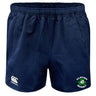 The Clover Blue Eagles Rugby Player's Drill Short by EMB Canterbury is a navy blue short adorned with a white logo from Canterbury and a green Clover Rugby emblem on the front, crafted from recycled fabric.