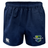 Kingwood Rugby Advantage Rugby Shorts by EMB Canterbury in navy blue with moisture-wicking fabric, featuring the Canterbury logo on the left leg and a school crest on the right.