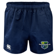 Kingwood Rugby Advantage Rugby Shorts by EMB Canterbury in navy blue with moisture-wicking fabric, featuring the Canterbury logo on the left leg and a school crest on the right.