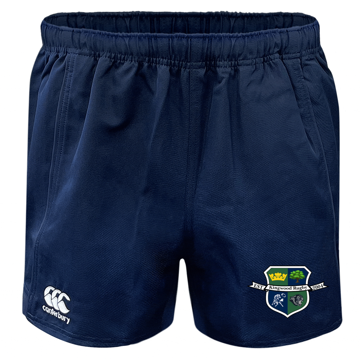 Kingwood Rugby Advantage Rugby Shorts by EMB Canterbury in navy blue with moisture-wicking fabric, featuring the Canterbury logo on the left leg and a school crest on the right.