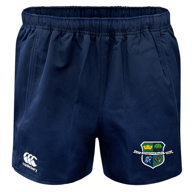 Kingwood Rugby Advantage Rugby Shorts by EMB Canterbury in navy blue with moisture-wicking fabric, featuring the Canterbury logo on the left leg and a school crest on the right.