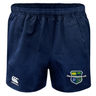Kingwood Rugby Advantage Rugby Shorts by EMB Canterbury in navy blue with moisture-wicking fabric, featuring the Canterbury logo on the left leg and a school crest on the right.