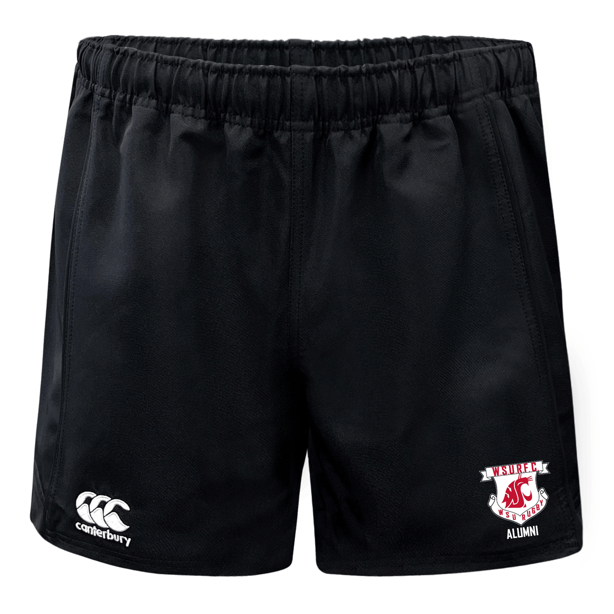 a black Washington State Rugby Alumni Canterbury Advantage Rugby Shorts with a red and white WRS Canterbury logo.