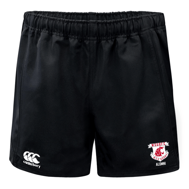 a black Washington State Rugby Alumni Canterbury Advantage Rugby Shorts with a red and white WRS Canterbury logo.
