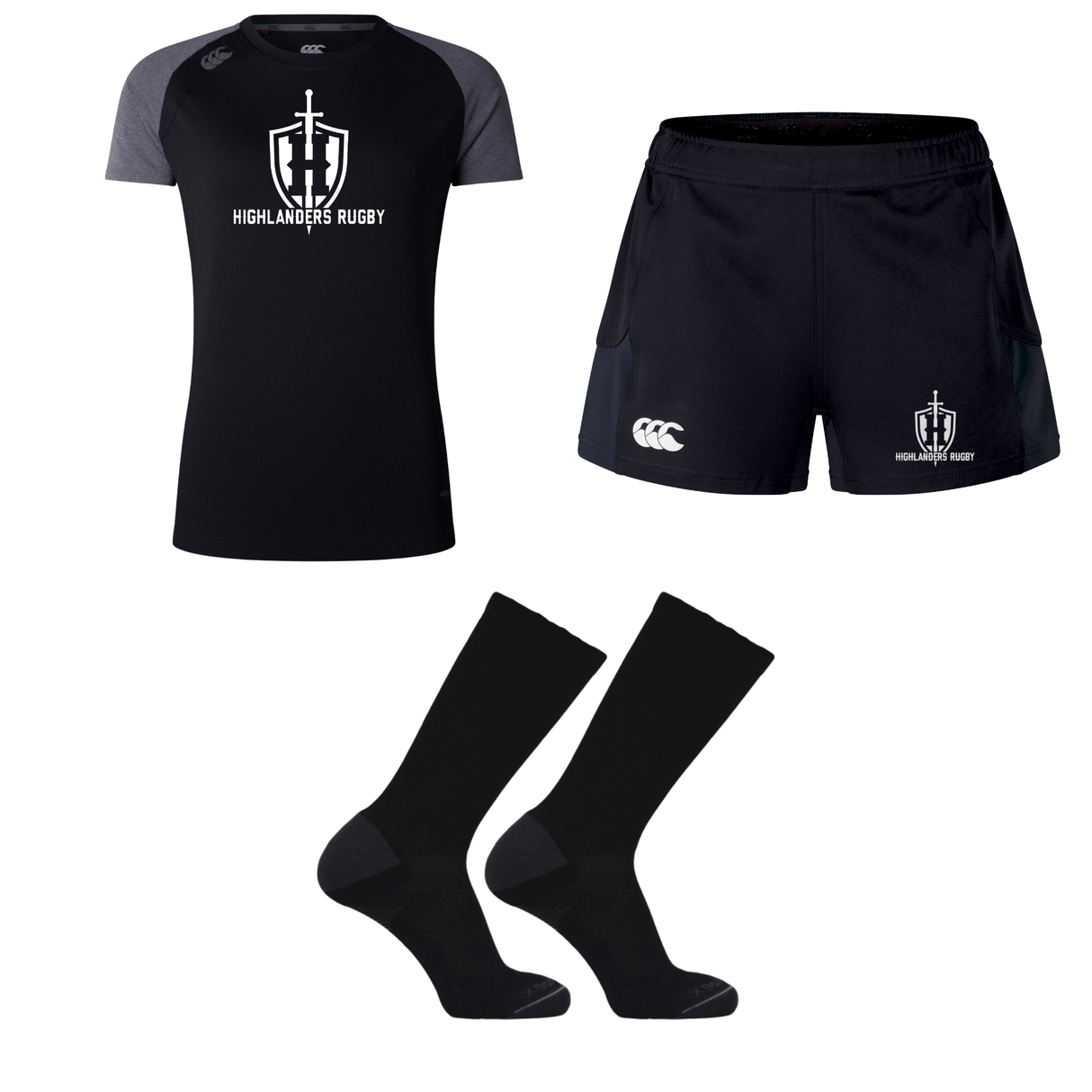A Highlanders New Player Bundle - HS Girls consisting of a black short-sleeved jersey, shorts, and a pair of long socks. The jersey and shorts feature the Highlanders Rugby logo.