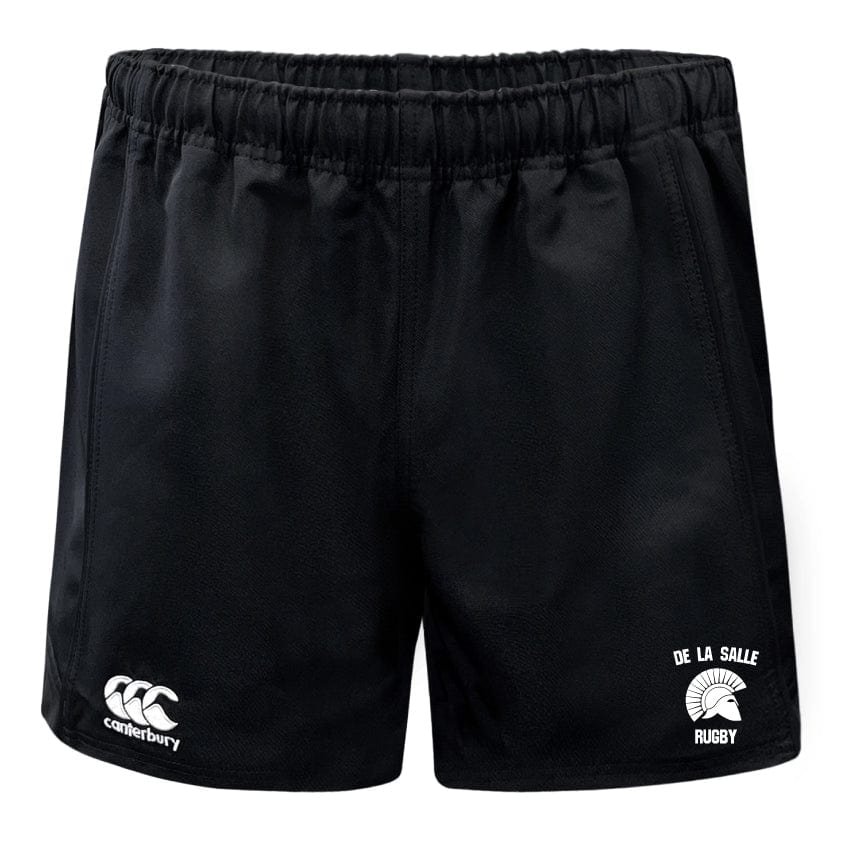 The De La Salle Player's Drill Short by EMB Canterbury, made from recycled fabric, showcases "De La Salle Rugby" and a helmet logo on the right leg while featuring the iconic "Canterbury" logo on the left, blending eco-friendly materials with durable sportswear design.