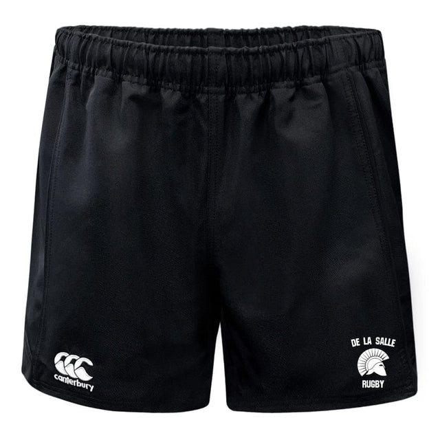 The De La Salle Player's Drill Short by EMB Canterbury, made from recycled fabric, showcases "De La Salle Rugby" and a helmet logo on the right leg while featuring the iconic "Canterbury" logo on the left, blending eco-friendly materials with durable sportswear design.