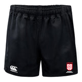 These black rugby shorts, part of the San Diego Legion Rugby Academy 3-Piece Bundle by Fast Bundle, feature Vapodri Technology for optimal performance, an elastic waistband, the Canterbury logo on the left, and the SD Legion Rugby Academy emblem on the right.