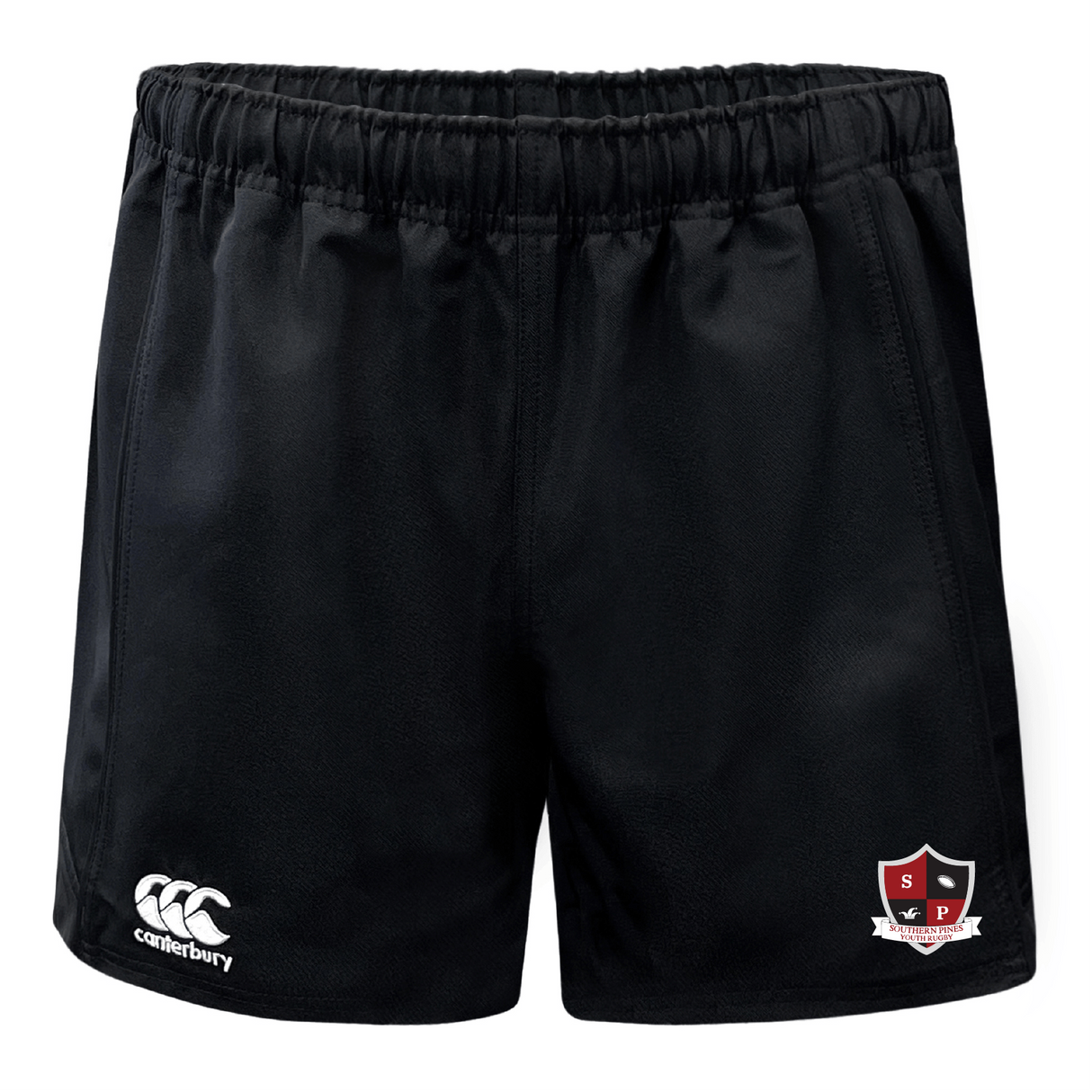 The Southern Pines Youth Rugby Advantage Shorts by EMB Canterbury feature an elastic non-slip waistband, a small left-side logo, and a right-side badge. Made from moisture-wicking fabric, these shorts ensure ultimate comfort for any workout.
