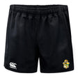 Tacoma Rugby Advantage Rugby Shorts by EMB Canterbury with an elastic waistband, featuring moisture-wicking fabric, a Canterbury logo on the left leg, and a colorful crest on the right leg.