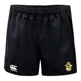 Tacoma Rugby Advantage Rugby Shorts by EMB Canterbury with an elastic waistband, featuring moisture-wicking fabric, a Canterbury logo on the left leg, and a colorful crest on the right leg.