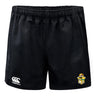 Tacoma Rugby Advantage Rugby Shorts by EMB Canterbury with an elastic waistband, featuring moisture-wicking fabric, a Canterbury logo on the left leg, and a colorful crest on the right leg.