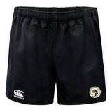 Image of the black UW-Milwaukee Player's Drill Shorts from EMB Canterbury, made from recycled fabric with an elastic waistband, featuring a small logo on the left leg and the Canterbury brand logo on the right.