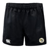 Image of the black UW-Milwaukee Player's Drill Shorts from EMB Canterbury, made from recycled fabric with an elastic waistband, featuring a small logo on the left leg and the Canterbury brand logo on the right.