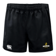 The Chicago Riot Advantage Rugby Shorts by EMB Canterbury feature an elastic waistband, moisture-wicking fabric, the Canterbury logo on the left leg, and the Chicago Riot Rugby logo on the right leg.