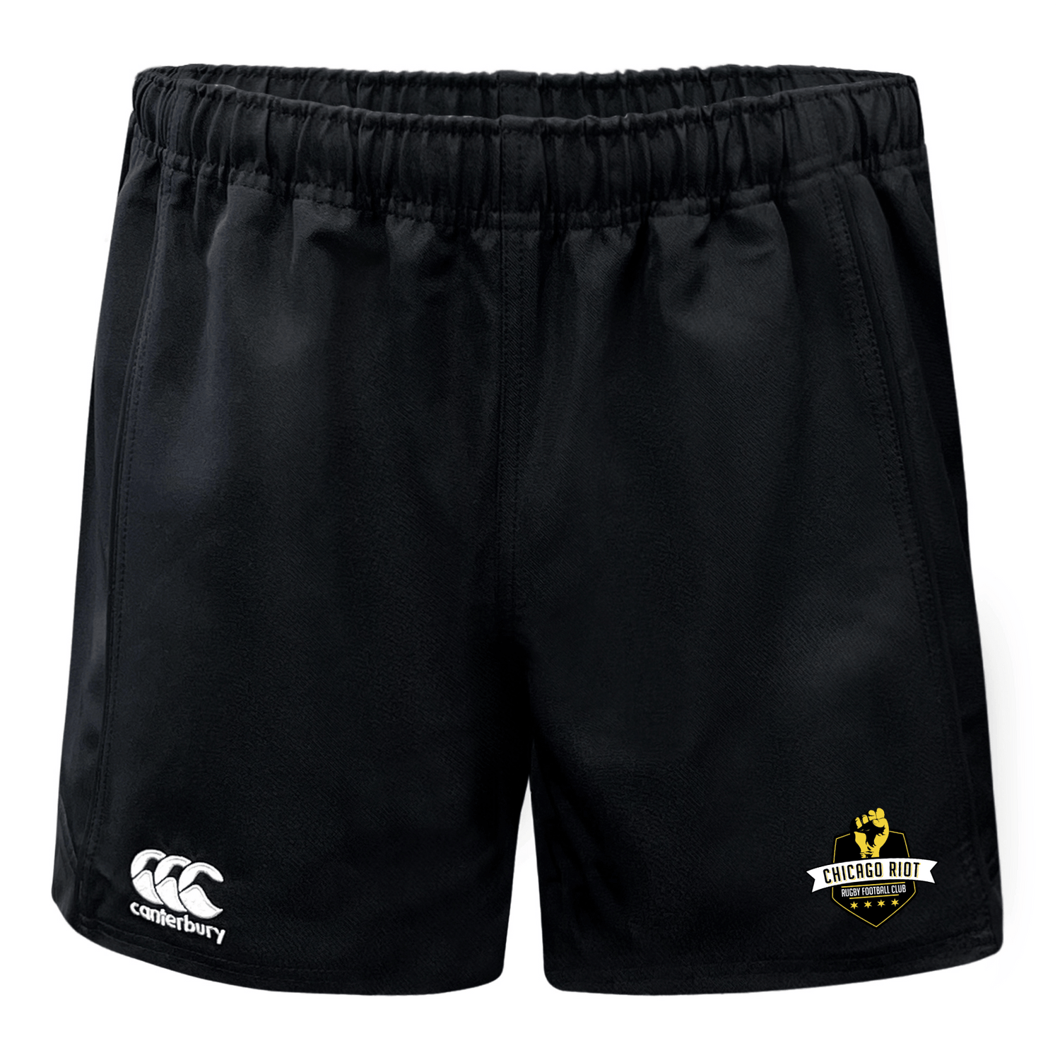 The Chicago Riot Advantage Rugby Shorts by EMB Canterbury feature an elastic waistband, moisture-wicking fabric, the Canterbury logo on the left leg, and the Chicago Riot Rugby logo on the right leg.