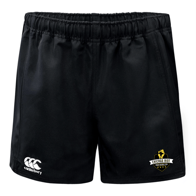The Chicago Riot Advantage Rugby Shorts by EMB Canterbury feature an elastic waistband, moisture-wicking fabric, the Canterbury logo on the left leg, and the Chicago Riot Rugby logo on the right leg.