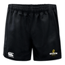 The Chicago Riot Advantage Rugby Shorts by EMB Canterbury feature an elastic waistband, moisture-wicking fabric, the Canterbury logo on the left leg, and the Chicago Riot Rugby logo on the right leg.