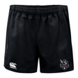 The Cypress Warriors Men's Rugby Advantage Shorts by EMB Canterbury feature an elastic waistband, white Canterbury logo on the left leg, purple Warriors Rugby League crest on the right, and moisture-wicking fabric to keep you cool.