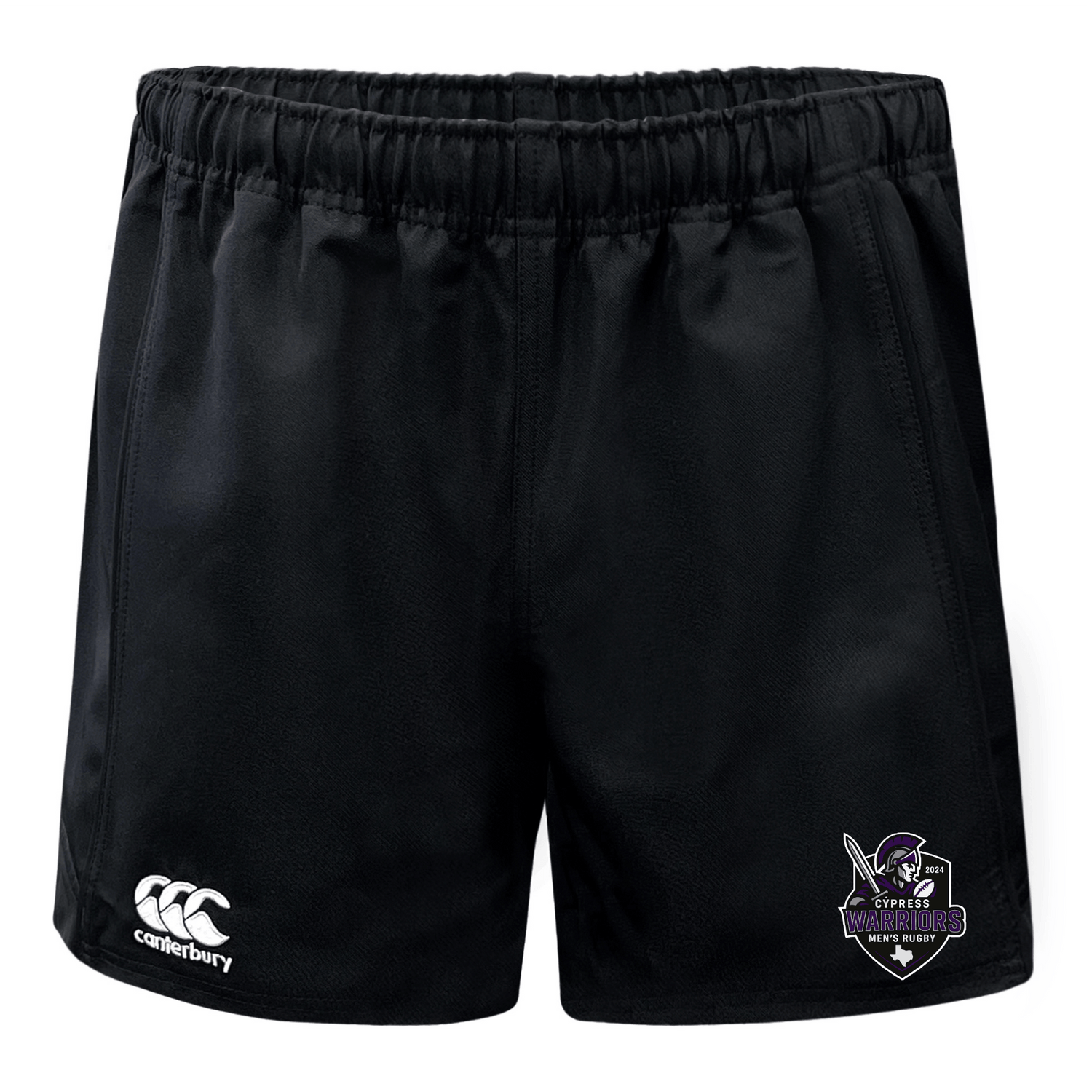 The Cypress Warriors Men's Rugby Advantage Shorts by EMB Canterbury feature an elastic waistband, white Canterbury logo on the left leg, purple Warriors Rugby League crest on the right, and moisture-wicking fabric to keep you cool.