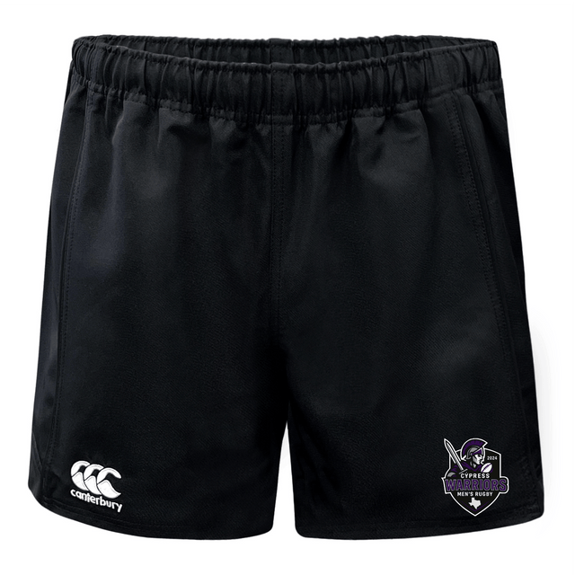 The Cypress Warriors Men's Rugby Advantage Shorts by EMB Canterbury feature an elastic waistband, white Canterbury logo on the left leg, purple Warriors Rugby League crest on the right, and moisture-wicking fabric to keep you cool.