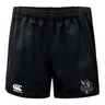 The Cypress Warriors Men's Rugby Advantage Shorts by EMB Canterbury feature an elastic waistband, white Canterbury logo on the left leg, purple Warriors Rugby League crest on the right, and moisture-wicking fabric to keep you cool.