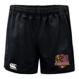 Introducing the Godzilla Rugby Football Club Advantage Rugby Shorts by EMB Canterbury—black athletic shorts with an elastic waistband, showcasing the Canterbury logo on the left leg and a bold “Godzilla” dragon logo on the right. Designed for superior moisture wicking, these rugby shorts ensure comfort both on and off the field.