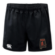 Black Aging Alabama Rugby Players Advantage Rugby Shorts by EMB Canterbury featuring a white brand logo on the left leg and an Alabama state silhouette with a hockey player graphic on the right leg.