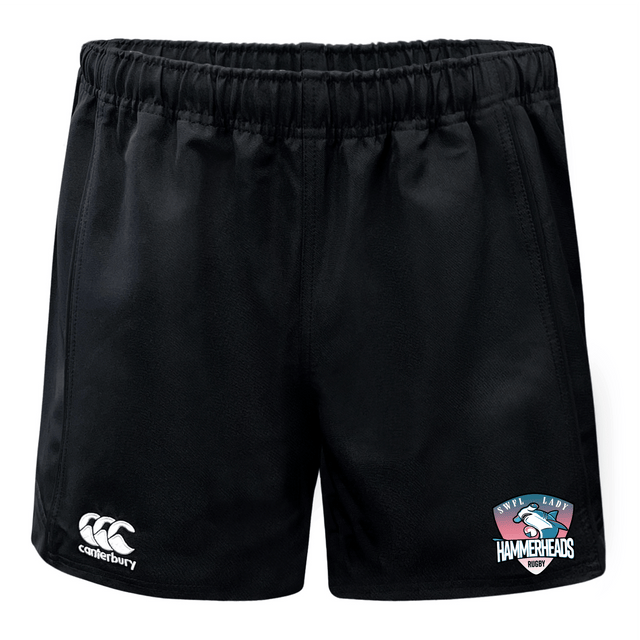 SWFL Lady Hammerheads Advantage Rugby Shorts by WRS Canterbury feature the iconic logo on the left leg, "NWLQ LADY HAMMERHEADS RUGBY" on the right, and moisture-wicking fabric for comfort on and off the field.
