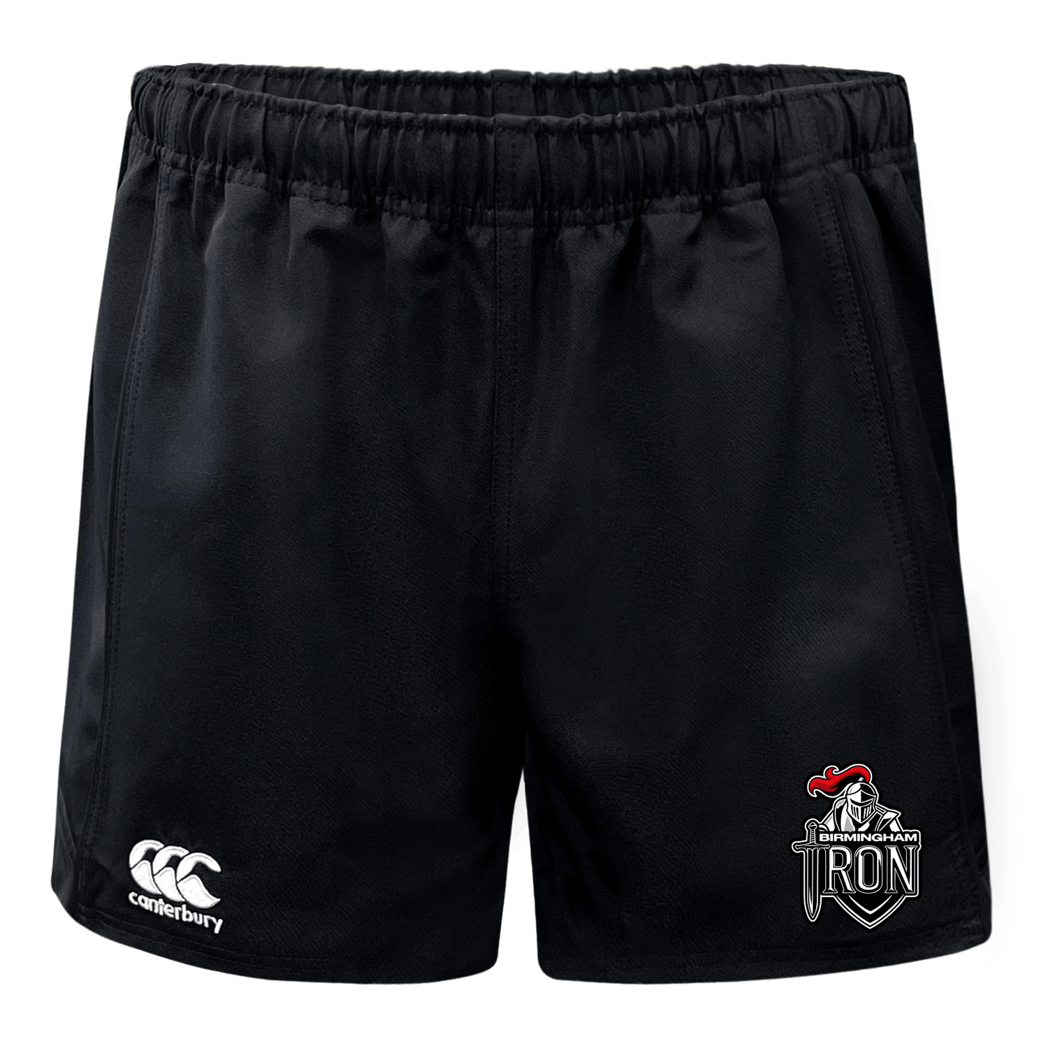 The EMB Canterbury Birmingham Iron Women's Football Advantage Rugby Shorts feature an elastic waistband, moisture-wicking fabric, a Canterbury logo on the left leg, and a Birmingham Iron team logo with "IRON" text on the right leg.