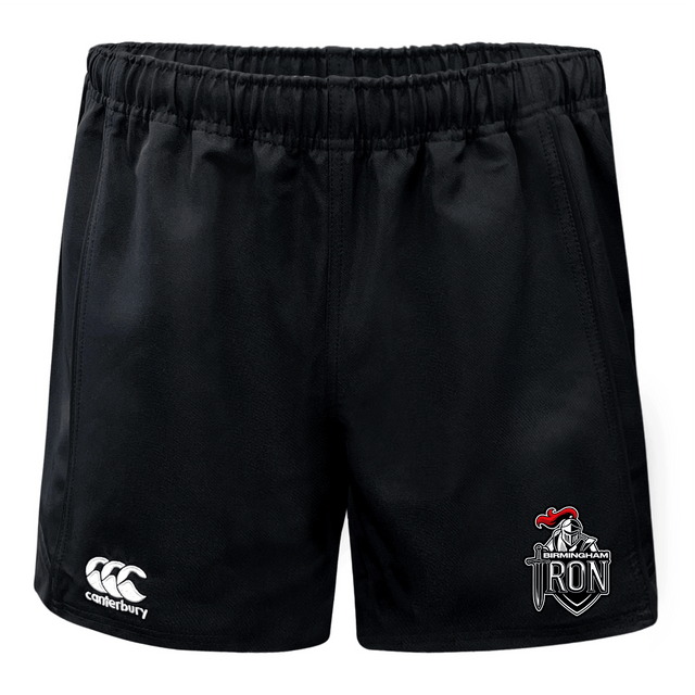 The EMB Canterbury Birmingham Iron Women's Football Advantage Rugby Shorts feature an elastic waistband, moisture-wicking fabric, a Canterbury logo on the left leg, and a Birmingham Iron team logo with "IRON" text on the right leg.