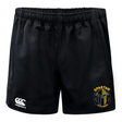 The Spartan Youth Rugby Advantage Rugby Shorts by EMB Canterbury are black athletic shorts with an elastic waistband, CCC logo on the left leg, and a "Spartan Youth Rugby" emblem on the right, designed for comfort and moisture wicking.