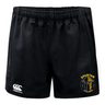 The Spartan Youth Rugby Advantage Rugby Shorts by EMB Canterbury are black athletic shorts with an elastic waistband, CCC logo on the left leg, and a "Spartan Youth Rugby" emblem on the right, designed for comfort and moisture wicking.