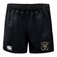 Introducing the Hornets Rugby Club 1977 Advantage Rugby Shorts by Canterbury from EMB Canterbury—black athletic shorts featuring a Canterbury logo on the lower left and a Hornets Rugby Club emblem on the lower right. Designed for top performance both on and off the field, these moisture-wicking rugby shorts ensure lasting comfort even during intense matches.