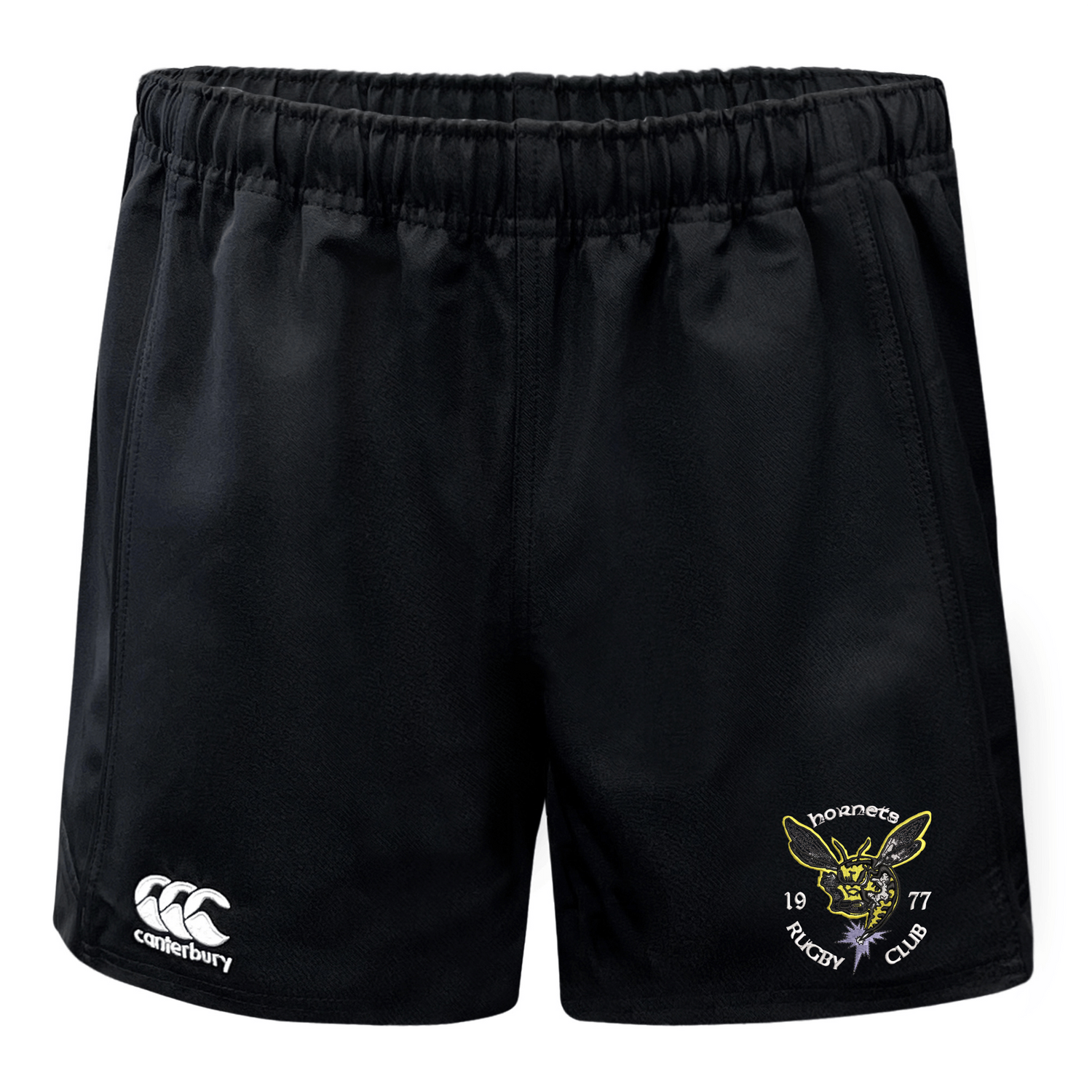 Introducing the Hornets Rugby Club 1977 Advantage Rugby Shorts by Canterbury from EMB Canterbury—black athletic shorts featuring a Canterbury logo on the lower left and a Hornets Rugby Club emblem on the lower right. Designed for top performance both on and off the field, these moisture-wicking rugby shorts ensure lasting comfort even during intense matches.