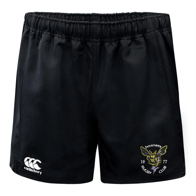 Introducing the Hornets Rugby Club 1977 Advantage Rugby Shorts by Canterbury from EMB Canterbury—black athletic shorts featuring a Canterbury logo on the lower left and a Hornets Rugby Club emblem on the lower right. Designed for top performance both on and off the field, these moisture-wicking rugby shorts ensure lasting comfort even during intense matches.