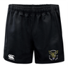 Introducing the Hornets Rugby Club 1977 Advantage Rugby Shorts by Canterbury from EMB Canterbury—black athletic shorts featuring a Canterbury logo on the lower left and a Hornets Rugby Club emblem on the lower right. Designed for top performance both on and off the field, these moisture-wicking rugby shorts ensure lasting comfort even during intense matches.