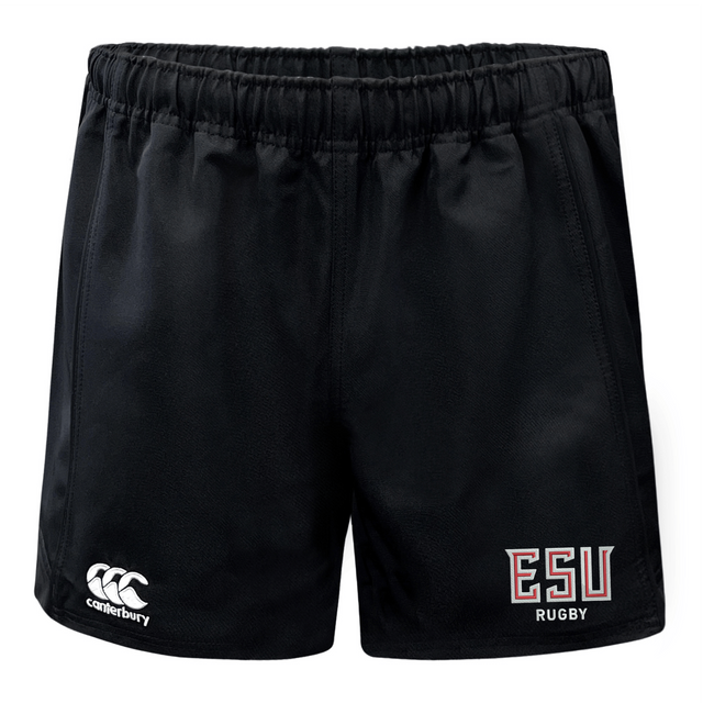 The East Stroudsburg University Advantage Rugby Shorts by EMB Canterbury feature the "ESU RUGBY" logo and moisture-wicking fabric for comfort, making them ideal for peak performance on the field.