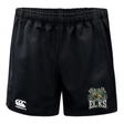 The Lewis County Elks Advantage Rugby Shorts by Canterbury from EMB Canterbury feature an elastic waistband, a prominent CCC Advantage Rugby Shorts logo on the left leg, and the distinctive Lewis County Elks logo on the right leg.