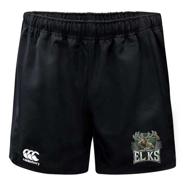 The Lewis County Elks Advantage Rugby Shorts by Canterbury from EMB Canterbury feature an elastic waistband, a prominent CCC Advantage Rugby Shorts logo on the left leg, and the distinctive Lewis County Elks logo on the right leg.