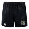 The Lewis County Elks Advantage Rugby Shorts by Canterbury from EMB Canterbury feature an elastic waistband, a prominent CCC Advantage Rugby Shorts logo on the left leg, and the distinctive Lewis County Elks logo on the right leg.