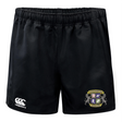 Winchester Cannons Advantage Rugby Shorts by EMB Canterbury, black with moisture-wicking fabric, feature the Canterbury logo on the left leg and the Winchester Cannons team crest on the right.