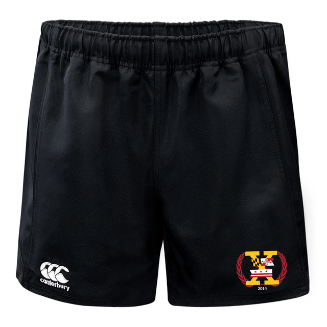 The Potomac Exiles Rugby Club Advantage Rugby Shorts by EMB Canterbury feature a black athletic design with a Canterbury logo on the left leg and a colorful “X” emblem with “2014” on the right leg. These rugby shorts are crafted from moisture-wicking fabric to keep you cool and comfortable during intense play.