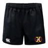 The Potomac Exiles Rugby Club Advantage Rugby Shorts by EMB Canterbury feature a black athletic design with a Canterbury logo on the left leg and a colorful “X” emblem with “2014” on the right leg. These rugby shorts are crafted from moisture-wicking fabric to keep you cool and comfortable during intense play.